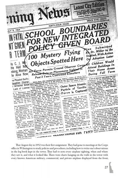 The book "Mid-Atlantic UFOs" by Schiffer Publishing, Ltd. includes a black-and-white July 9, 1954 newspaper front page with headlines on school boundaries, 100 UFO sightings, atomic test news, and a typed caption at the bottom.
