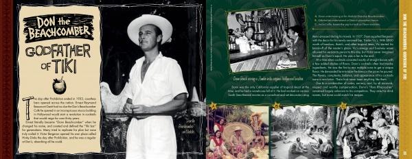 A two-page spread from "Mai-Kai" by Schiffer Publishing, Ltd. features Don the Beachcomber with a black-and-white photo on the left and vintage Polynesian pop culture and tiki bar decor showcased on the right.