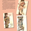 A vintage-style magazine page showcases Schiffer Publishing, Ltd.’s Art Nouveau & Art Deco Fashion Postcards, featuring four elegant fashion illustrations of women in ornate dress and a festive card reading “A Happy Christmas to You from fond friends.”.