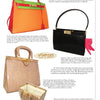 A magazine page showcases four luxury handbags, including a white “Exotic Skin” by Schiffer Publishing, Ltd.—ideal for vintage lovers—plus a two-tone orange-green purse, a black bag with a pink keychain, and a beige textured bag with gold hardware.