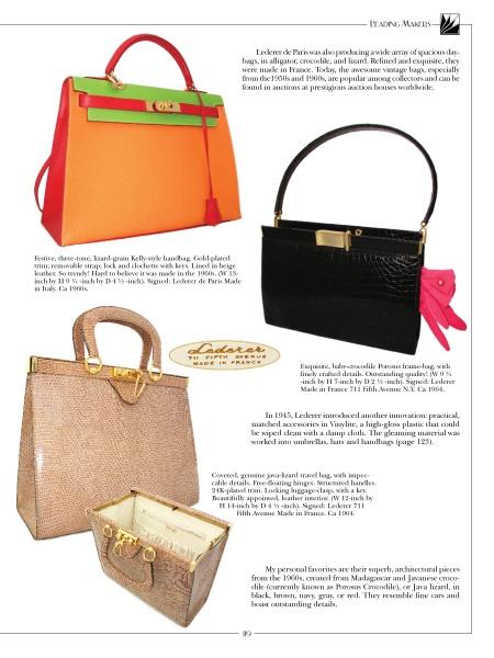 A magazine page showcases four luxury handbags, including a white “Exotic Skin” by Schiffer Publishing, Ltd.—ideal for vintage lovers—plus a two-tone orange-green purse, a black bag with a pink keychain, and a beige textured bag with gold hardware.