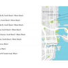 A numbered list of South Beach Miami locations appears on the left, each matching a spot on a Miami Beach map on the right, highlighting sites from The Architecture of Whimsy by Schiffer Publishing, Ltd. known for modern and midcentury architecture.