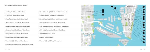 A numbered list of South Beach Miami locations appears on the left, each matching a spot on a Miami Beach map on the right, highlighting sites from The Architecture of Whimsy by Schiffer Publishing, Ltd. known for modern and midcentury architecture.