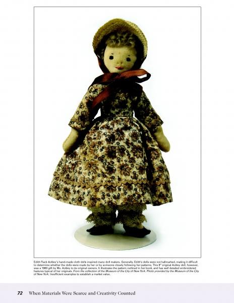The Schiffer Publishing, Ltd. Dollhouse and Miniature Dolls features a handmade cloth doll in a brown floral dress, tan bonnet with a brown ribbon, and greenish socks, standing upright against a plain white background.