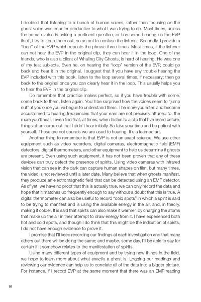 Page 16 of Dead Whispers by Schiffer Publishing, Ltd. discusses techniques for listening to EVP recordings during paranormal investigations, with an emphasis on careful listening, interpretation, and documentation of potential ghost voices.
