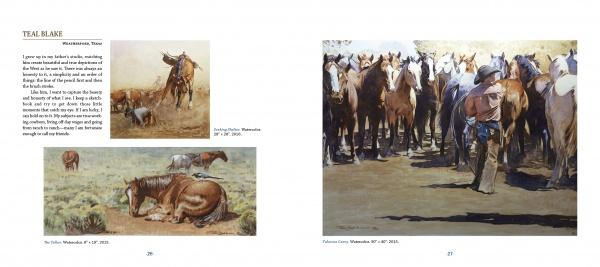A two-page spread from "Western Art of the Twenty-First Century" by Schiffer Publishing, Ltd. features paintings of horses and cowboys, including a large scene of a cowboy among a herd, with text framing the vibrant images.