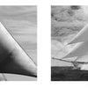 Two black-and-white photos from Schiffer Publishing, Ltd.'s "Sailboats": one shows sails against the sky, the other a sailboat racing—timeless photography in classic style.