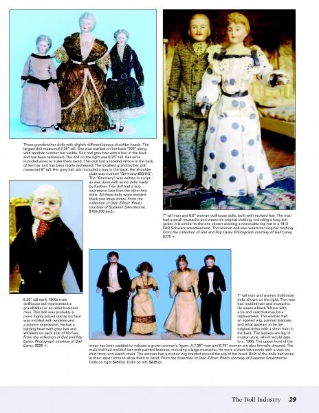 A magazine page features Schiffer Publishing, Ltd.’s Dollhouse and Miniature Dolls—men’s and women’s dolls in period outfits, perfect for collectors—posed in small groups with descriptive text boxes by each photo.