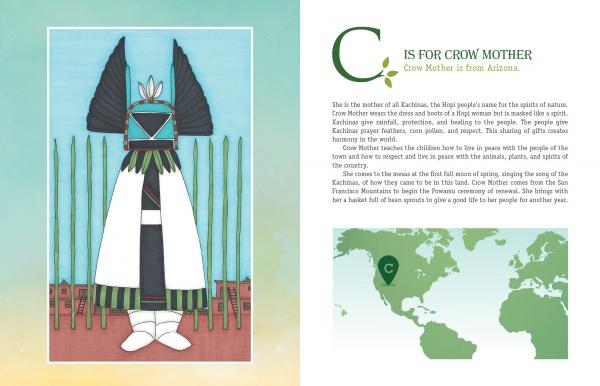 An illustrated page from Schiffer Publishing, Ltd.'s "Goddesses from A to Z" shows Crow Mother, a Hopi spirit from Arizona, in traditional attire, explaining her cultural role—ideal for introducing kids to goddesses.