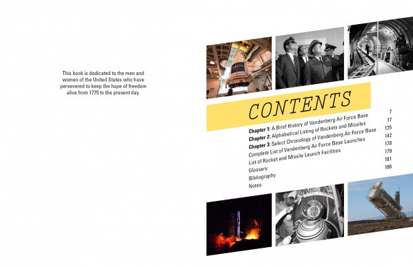The contents page of "Rockets and Missiles of Vandenberg AFB" (Schiffer Publishing, Ltd.) features B&W and color photos of launches, satellites, and suited people, with chapter titles, page numbers beside the images, and a dedication on the left.