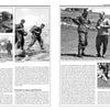 A black-and-white book spread from "The 7th Waffen-SS Volunteer Gebirgs (Mountain) Division Prinz Eugen" by Schiffer Publishing, Ltd. shows WWII photos: soldiers by artillery, crossing a stream, two officers outdoors, and a soldier near a ravine.