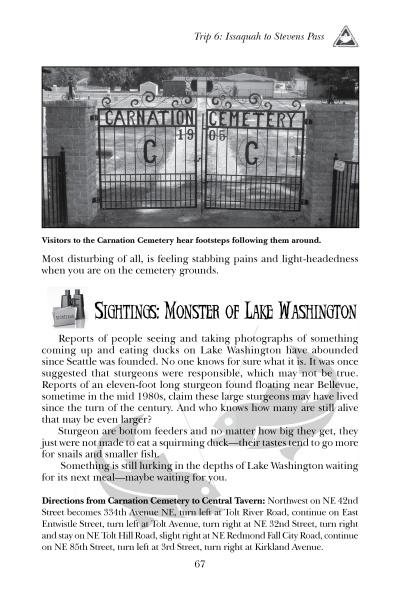 Discover Carnation Cemetery’s 1916 gate in this black and white photo—featured in Schiffer Publishing, Ltd.’s *Washington's Haunted Hotspots*—and uncover its eerie history and the Monster of Lake Washington legend.