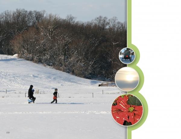 Two people with a sled cross a snowy field among trees in this Lancaster County: Out and About photo from Schiffer Publishing, Ltd. Three circular insets show scene details, a sunset, and a red poinsettia flower.