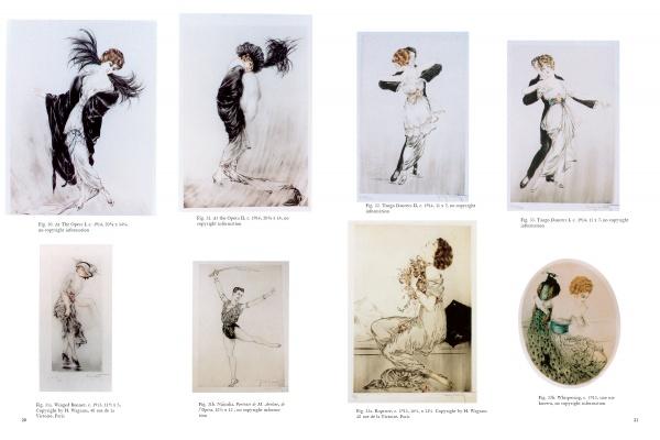 A two-page spread from "Louis Icart" by Schiffer Publishing, Ltd. features eight numbered vintage fashion sketches, including elegantly dressed women and a male ballet dancer, styled after art deco masters and captioned like Icart’s iconic etchings.