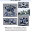 The catalog page features "Extraordinary British Transferware: 1780-1840" by Schiffer Publishing, Ltd., with images and text descriptions showcasing scenic blue and white patterns on urns, cups, saucers, and accessories.