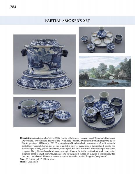 The catalog page features "Extraordinary British Transferware: 1780-1840" by Schiffer Publishing, Ltd., with images and text descriptions showcasing scenic blue and white patterns on urns, cups, saucers, and accessories.