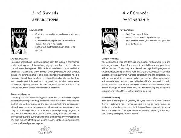 A page from Schiffer Publishing, Ltd.'s Intuitive Wisdom tarot guidebook features illustrated descriptions, keywords, and meanings for the 3 of Swords (Separations) and 4 of Swords (Partnership) from this intuitive tarot deck.