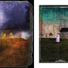 On the left, a person stands by a small wooden house in a misty landscape; on the right, two people and a crow evoke escape—an image from "Escape Artist" by Schiffer Publishing, Ltd.