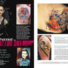 A magazine spread highlights The Women of Ink by Schiffer Publishing, Ltd., featuring Ivana Belakova's vibrant watercolor tattoos of birds and abstract designs, offering readers inspiration and insight into her artistic vision.