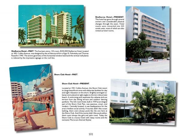 Miami: Past and Present" by Schiffer Publishing, Ltd. features scrapbook-style pages with vintage and modern photos of the Shelborne and Shore Club hotels, showcasing Miami’s history from mid-century pool scenes to today’s high-rises and palm trees.