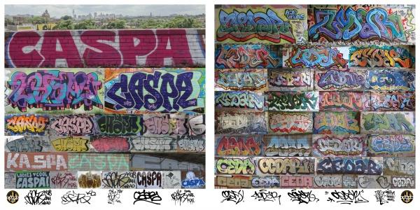 Baltimore Graffiti by Schiffer Publishing, Ltd. showcases vibrant graffiti tags, mainly CASPA, in diverse styles and colors—cityscapes above graffiti on the left, stacked close-ups on the right—offering an authentic glimpse into Baltimore's street art.