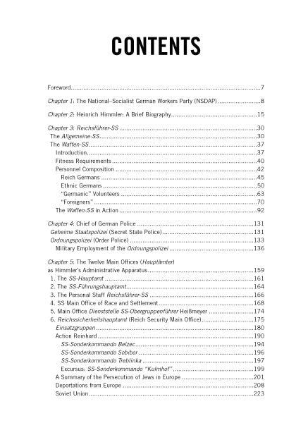 Table of contents for "Heinrich Himmler" by Schiffer Publishing, Ltd., covering the Nazi Party, Himmler's role, Waffen-SS operations, Reichsführer-SS, police and administration, SS enterprises, and detailed notes.