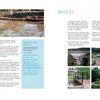 A two-page spread from "A Guide to Building Natural Swimming Pools" by Schiffer Publishing, Ltd. showcases boardwalks, bridges, and pools with text, a large curved waterside walkway photo, smaller bridge images, and blue/white text boxes.