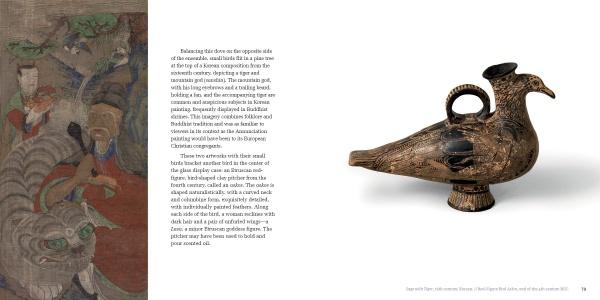 A two-page spread from "Birds in the Barnes Foundation" by Schiffer Publishing, Ltd. shows an ancient East Asian painting with figures and a tiger on the left, and a decorated bird-shaped vessel from the renowned collection on the right.
