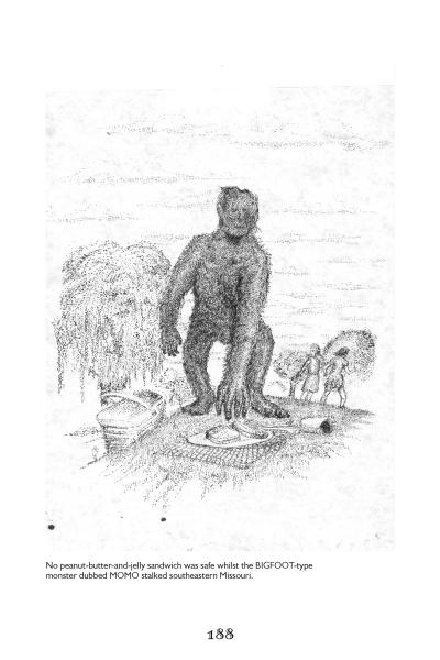 A large, hairy creature crouches by a tree reaching for a PB&J sandwich, while two shocked people and their dog observe from afar—possibly on a Paranormal Mississippi River tour (Schiffer Publishing, Ltd.). Food items are strewn on the ground.