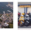 Left: Aerial view of Martha's Vineyard harbor. Right: Yellow and blue scooters line up by a building with a Motorcycles Car Rentals sign. Captivating images from "Martha's Vineyard" by Schiffer Publishing, Ltd.—an ideal photography book.