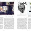 A two-page magazine spread from Schiffer Publishing, Ltd.: the left page showcases Robbie Conal’s political art posters on a dumpster with an art history article; the right page features portraits titled Dripaholic and COPY BRAT.