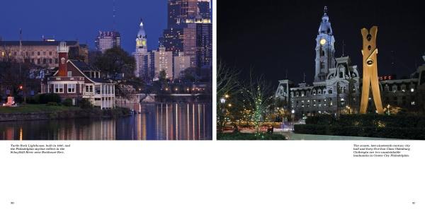 A nighttime view of Philadelphia’s skyline and City Hall with the Clothespin sculpture highlights Pennsylvania, a stunning photography book by Schiffer Publishing, Ltd., against a dark blue sky.