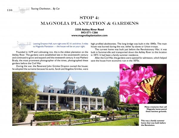 A stately white plantation house with wrap-around porch and green landscaping; inset photo of a pink flower with butterfly. Text covers Civil War Tour of Charleston, Schiffer Publishing, Ltd., visitor info, and city historical sites.
