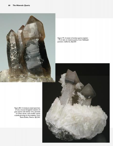Two photos from Schiffer Publishing, Ltd.'s "Collector's Guide to Quartz and Other Silica Minerals" show smoky quartz clusters: tall, clear brown crystals above and shorter ones on a snowy base below—perfect for mineral collectors.