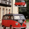 A vintage red and black VW Bus by Schiffer Publishing, Ltd. is parked on a cobblestone driveway before a beige building; another view shows its classic split windshield and rear design.