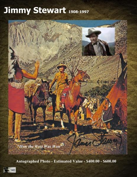 Western Movie Photographs and Autographs by Schiffer Publishing, Ltd.: Autographed Jimmy Stewart photo from How the West Was Won, showing him on horseback in the mountains. Perfect for Western film fans. Estimated value: $400–$600.