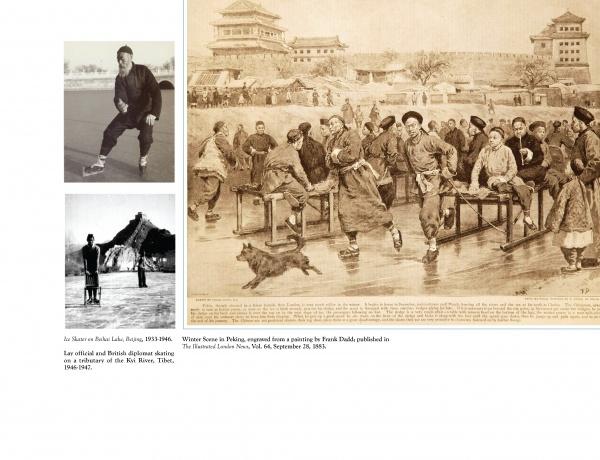 Figure Skating and the Arts by Schiffer Publishing, Ltd. showcases a historic painting of skaters near a Chinese palace with a dog, and two vintage black-and-white photos of figure skating scenes near mountains and water.