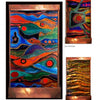 Discover "A Universe of Metal Sculpture" by Schiffer Publishing, Ltd.—three vivid enamel artworks: swirling waves with red circles, an abstract eye motif, and fiery metal textures, each showcasing bold creativity and craftsmanship.