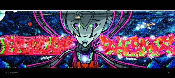 Miami Graffiti Art by Schiffer Publishing, Ltd. features a colorful sci-fi robot or alien face with purple eyes, set against a blue cosmic background with vibrant red and pink lettering—an eye-catching piece inspired by the Art Basel Festival.