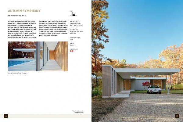 Two-page magazine spread from Schiffer Publishing, Ltd.’s "Auto-tecture" features a modern flat-roofed home with wood and glass walls in an autumn setting. Left page shares creative car storage ideas; right shows the house next to a red-leaved tree.