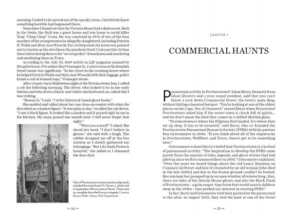 A black-and-white book spread from "Paranormal Provincetown" by Schiffer Publishing, Ltd. shows text on both pages. The left page features a docked ship with people on deck; the right begins CHAPTER 1: Paranormal Massachusetts Haunts.