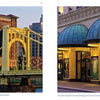 Side-by-side images: left shows the yellow Andy Warhol Bridge over the Allegheny River, right highlights the Benedum Center—both featured in "Pittsburgh" by Schiffer Publishing, Ltd., a book documenting Pittsburgh's cultural renaissance.