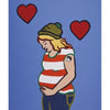 A cartoon of a pregnant person in a green beanie and striped shirt smiles, touching their belly, with two red hearts beside them on a blue background. "Hip Chick Tarot" by Schiffer Publishing, Ltd. is written at the bottom.