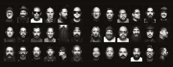 A grid of 35 black-and-white portraits from "Barbershops of America" by Schiffer Publishing, Ltd., features diverse individuals with unique expressions, hairstyles, glasses, and accessories, inspired by classic barbershop photography.