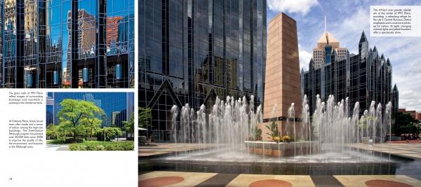 The book "Pittsburgh" by Schiffer Publishing, Ltd. captures a vibrant urban plaza with a tall obelisk and fountain, reflecting skyscrapers and the city’s cultural renaissance on a bright, partly cloudy day.