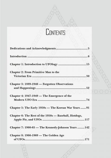 The table of contents for UFO Conspiracy by Schiffer Publishing, Ltd. lists chapters on introductions, historical periods, Korean War UFO sightings, Kennedy-Johnson era conspiracies, and the golden age of UFOs, with page numbers.