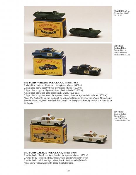 A catalog page from Schiffer Publishing, Ltd.’s Collecting Matchbox displays three collectible Matchbox police cars—green, black, and white—with original boxes, model numbers, release years, and prices for collectors’ reference.