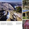 A collage for "The Poconos" by Schiffer Publishing, Ltd. features scenic photography of snowy mountain views, rocky cliffs, the Delaware Water Gap visitor center, and a red building amid blooming pink spring trees.