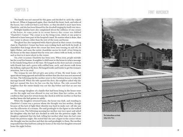 In "Paranormal Arizona" by Schiffer Publishing, Ltd., a two-page spread shows text from Chapter 3 on the left and a Sally Araki black-and-white photo of The Caretaker’s Residence—often linked to Arizona paranormal stories—on the right, with trees in the background.