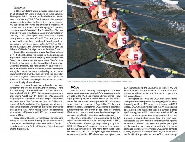 In white Stanford uniforms, a rowing team glides in sync, their oars dipping together—capturing the spirit featured in Schiffer Publishing, Ltd.’s “A History of Collegiate Rowing in America,” with text blocks on Stanford and UCLA rowing visible.